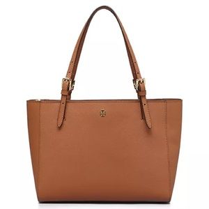 Tory Burch York Leather Buckle Tote ShoulderPurse Brown Saffiano Bag multipocket